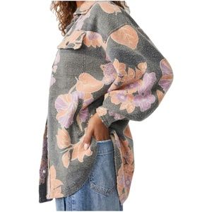 New FREE PEOPLE Floral Printed Ruby Fleece Shirt Jacket Shacket Gray Sz S